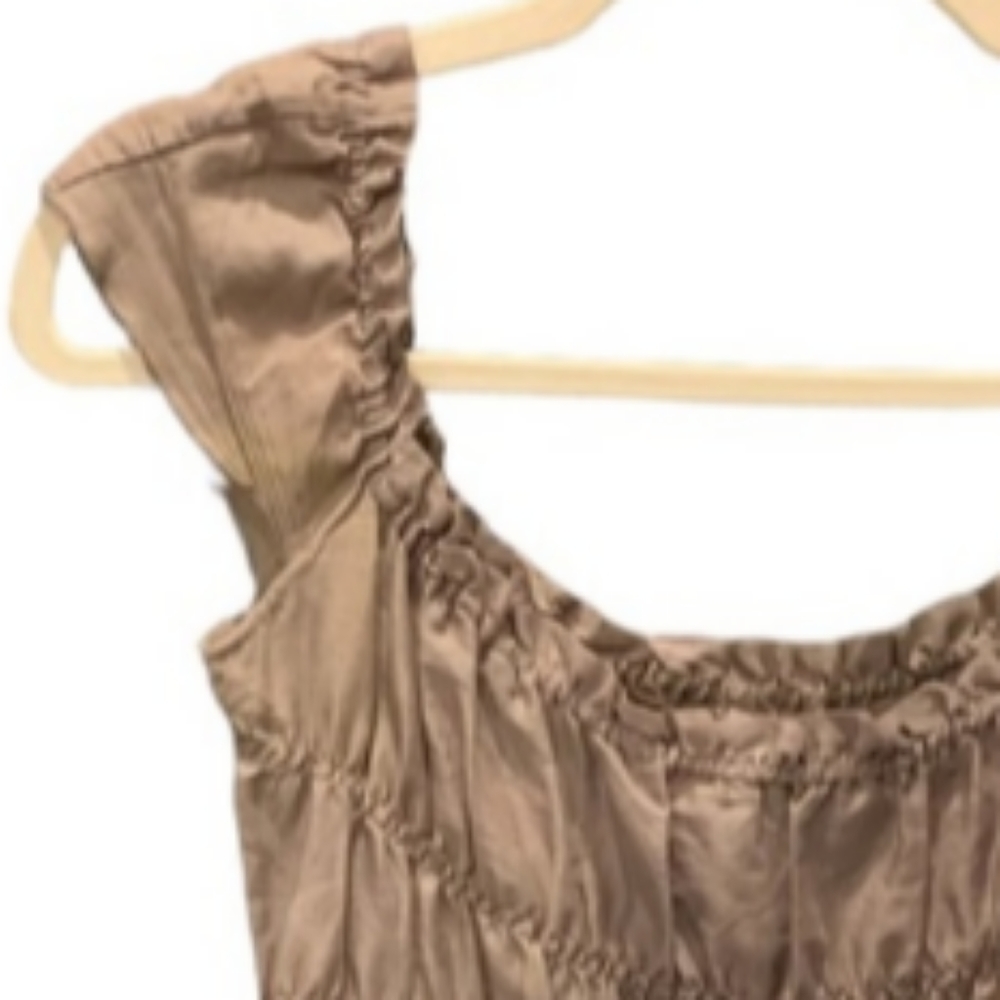 Theory Mini Dress Scoop Neck Tan Light Brown Ombre Smocked Top Designer XS - Picture 7 of 9